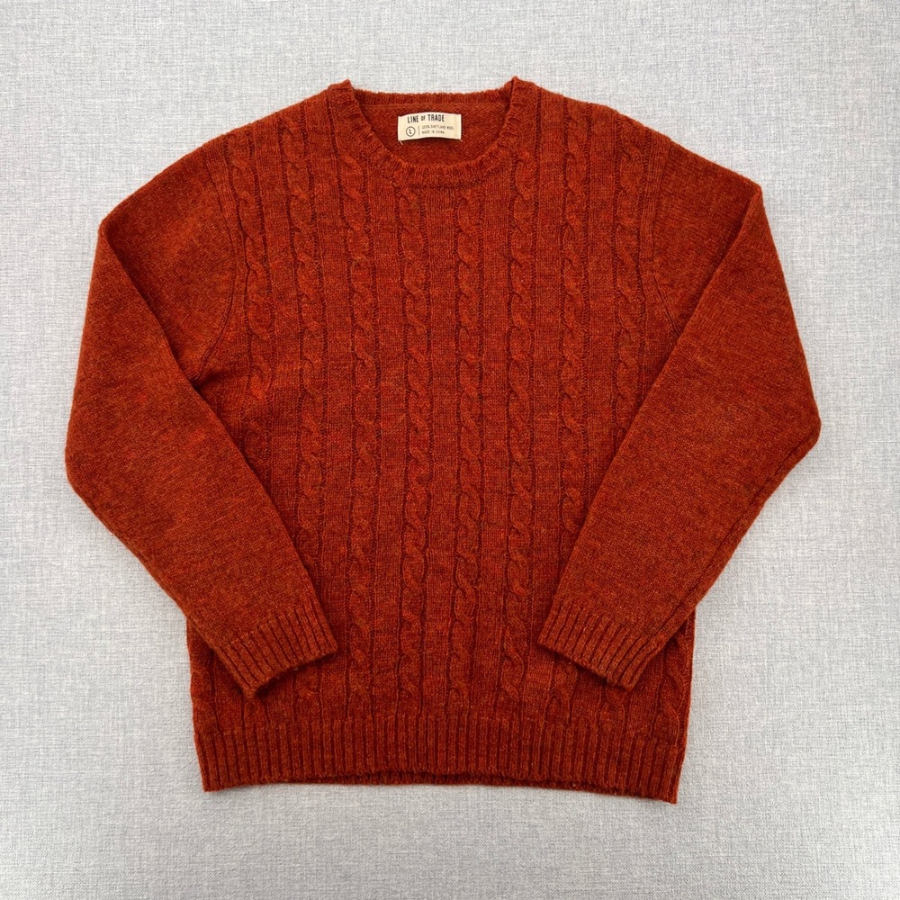 Line of Trade Shetland Wool Cable Knit Fisherman Sweater Men Large Rust Heritage